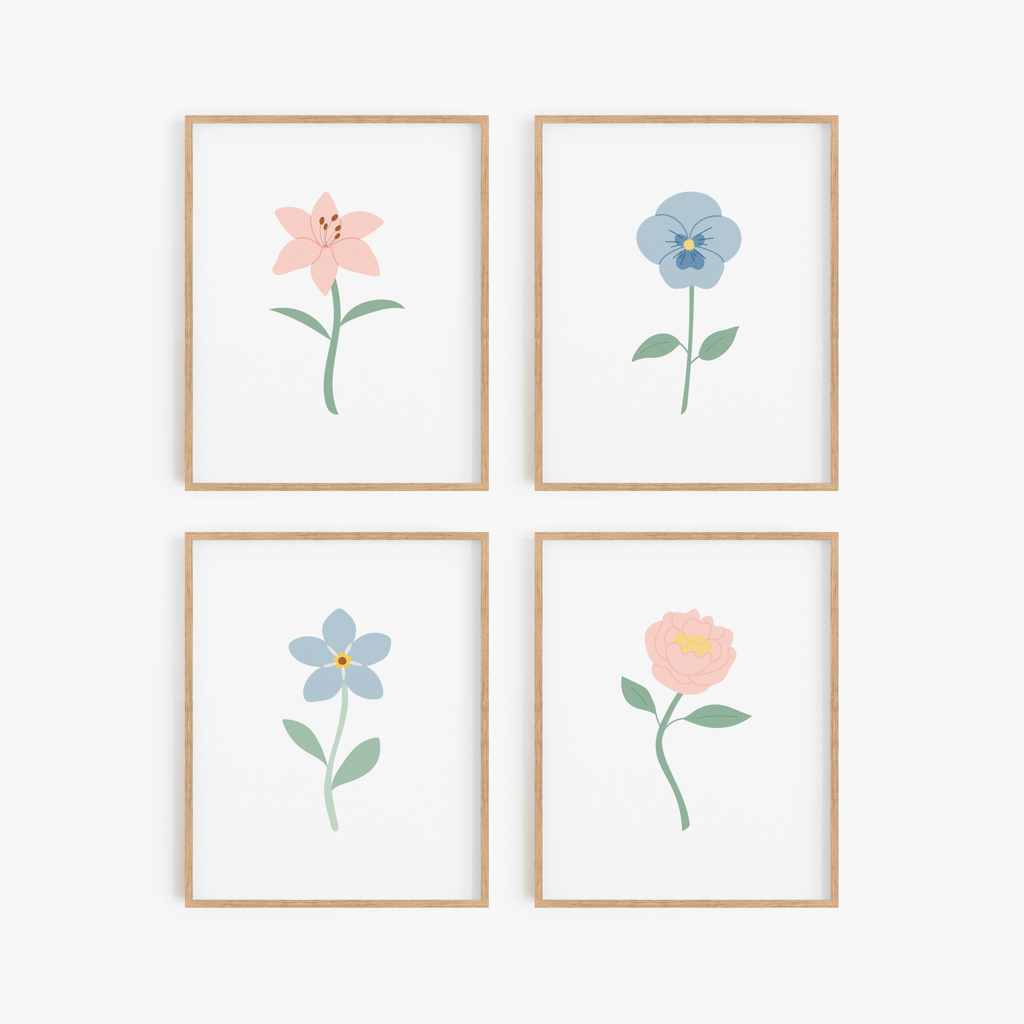 Light Blue and Pink Floral Art Prints (Set of 4)