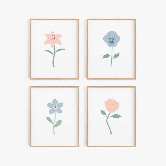 Light Blue and Pink Floral Art Prints (Set of 4)