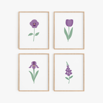 Dark Purple Floral Art Prints (Set of 4)