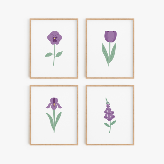Dark Purple Floral Art Prints (Set of 4)