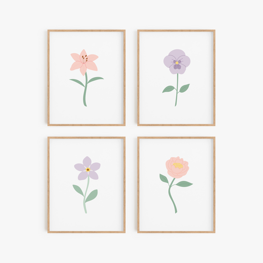 Light Pink and Purple Floral Art Prints (Set of 4)