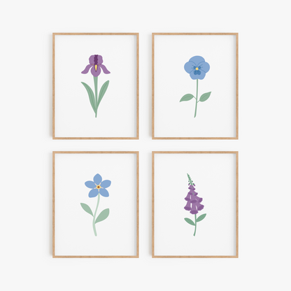 Blue and Purple Floral Art Prints (Set of 4)