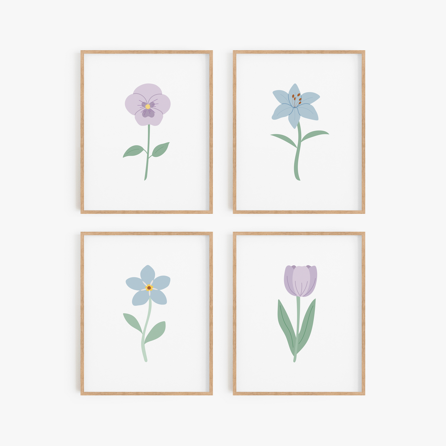 Light Purple and Blue Floral Art Prints (Set of 4)