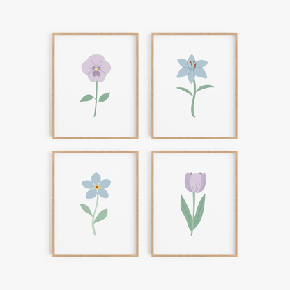 Light Purple and Blue Floral Art Prints (Set of 4)