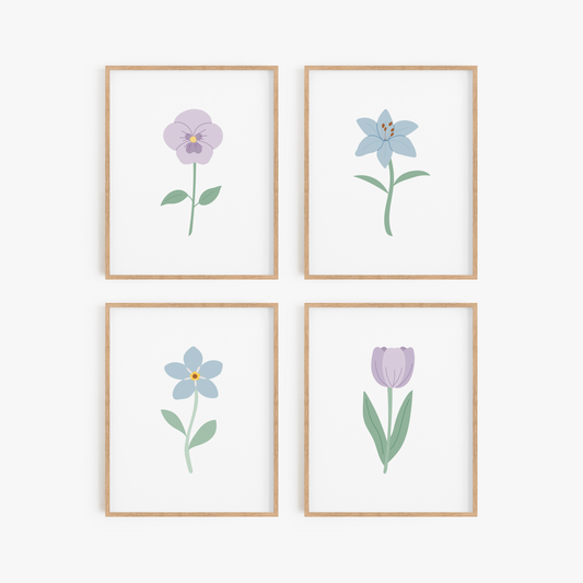 Light Purple and Blue Floral Art Prints (Set of 4)
