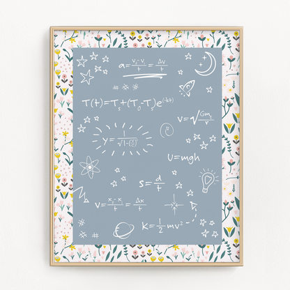 Blue wall art with math science and engineering equations