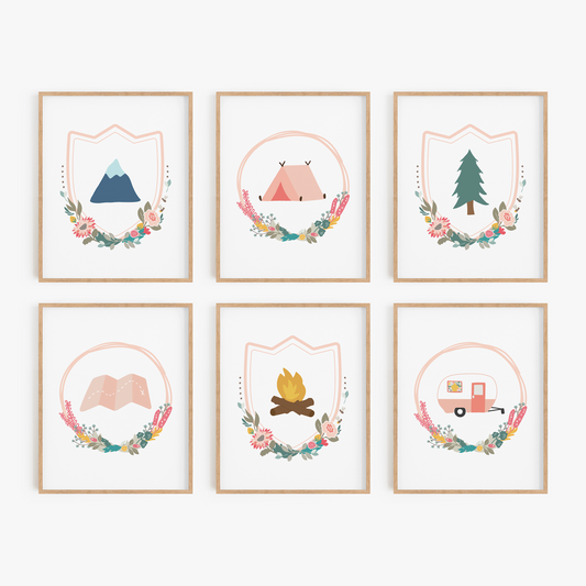 Camping theme framed artwork for girls room
