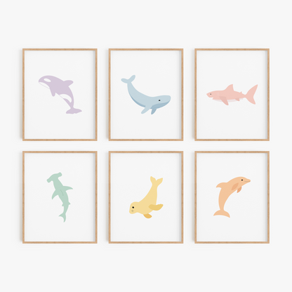 Colorful sea animal art prints set of 6