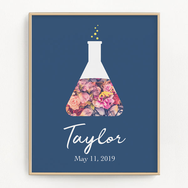 Personalized Navy Floral Beaker Art Print