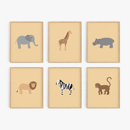 Framed safari art print set with yellow background
