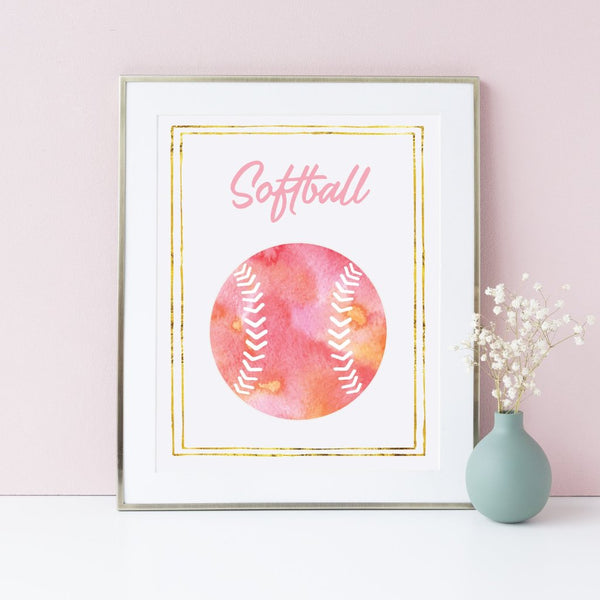Pink Watercolor Softball Art Print