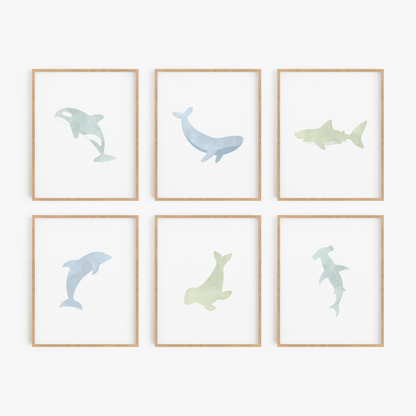 Green and blue watercolor sea animal wall art set of 6