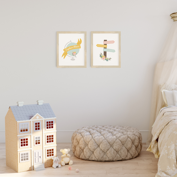 Floral Globe and Signpost Art Prints (Set of 2)