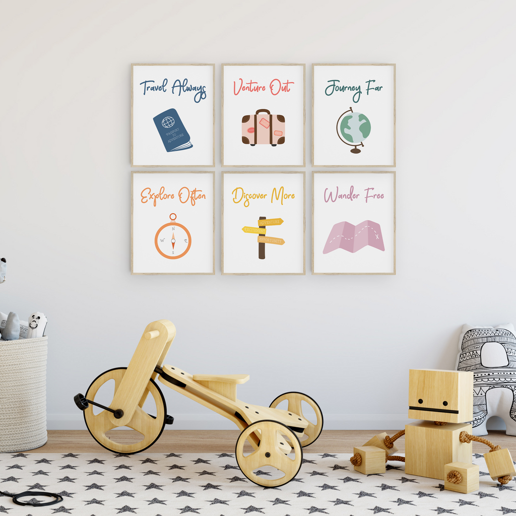 Travel theme nursery decor, Kids room wall art set, Explorer nursery prints  colorful – Flip The Script Studios