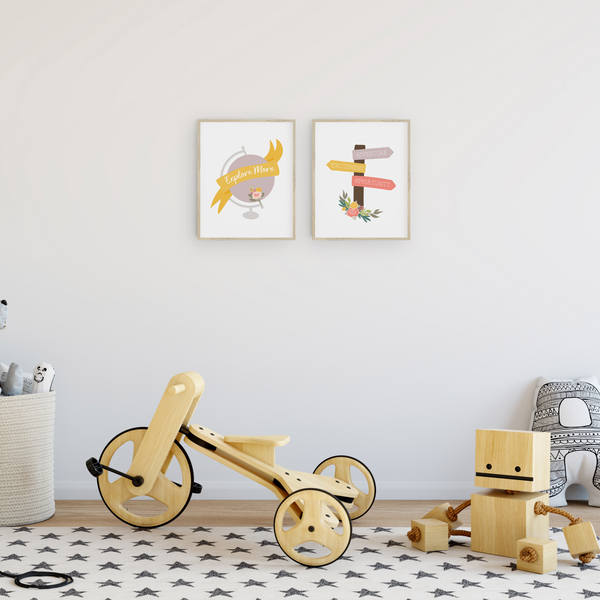 Floral Globe and Signpost Art Prints (Set of 2)