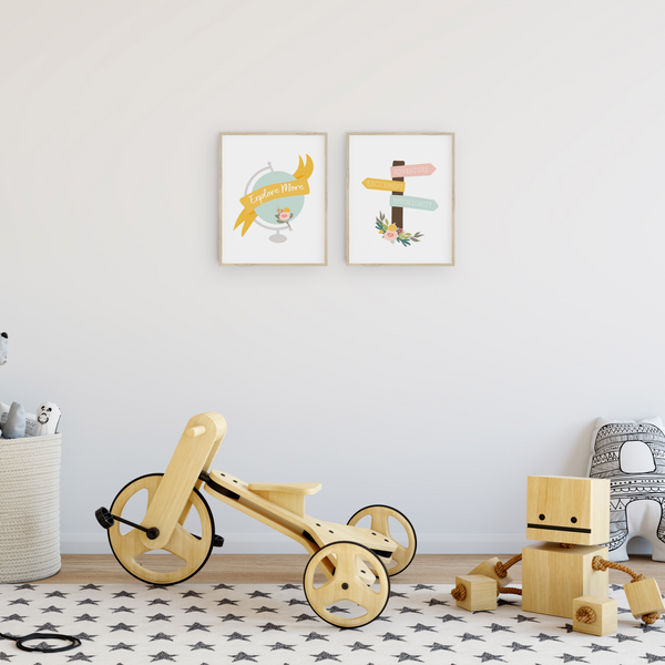 Floral Globe and Signpost Art Prints (Set of 2)