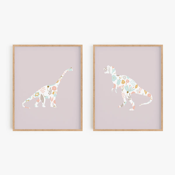 Floral Dinosaur Art Prints (Set of 2)