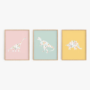 Rainbow Floral Dinosaur Art Prints (Set of 3)