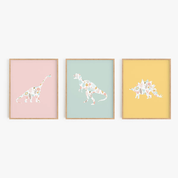 Rainbow Floral Dinosaur Art Prints (Set of 3)