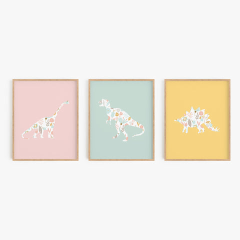 Rainbow Floral Dinosaur Art Prints (Set of 3)