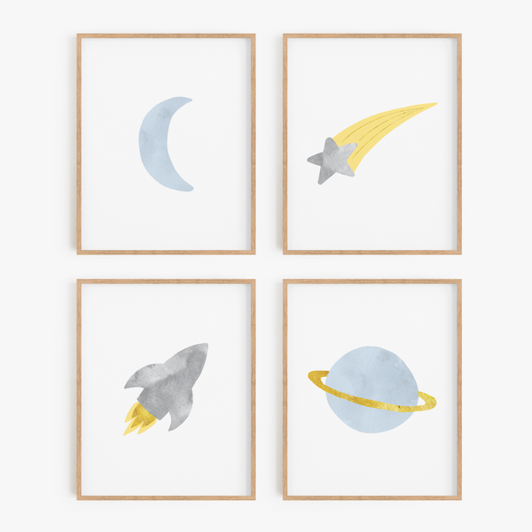 Blue and Gray Space Art Prints (Set of 4)