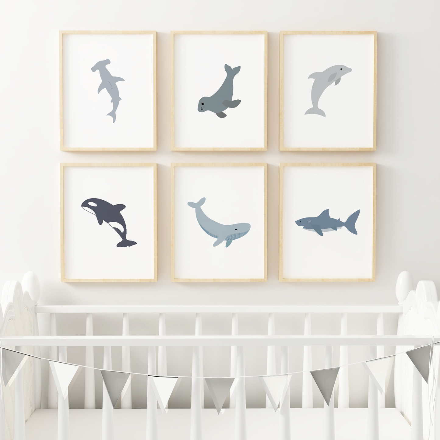 Ocean animal nursery art above crib