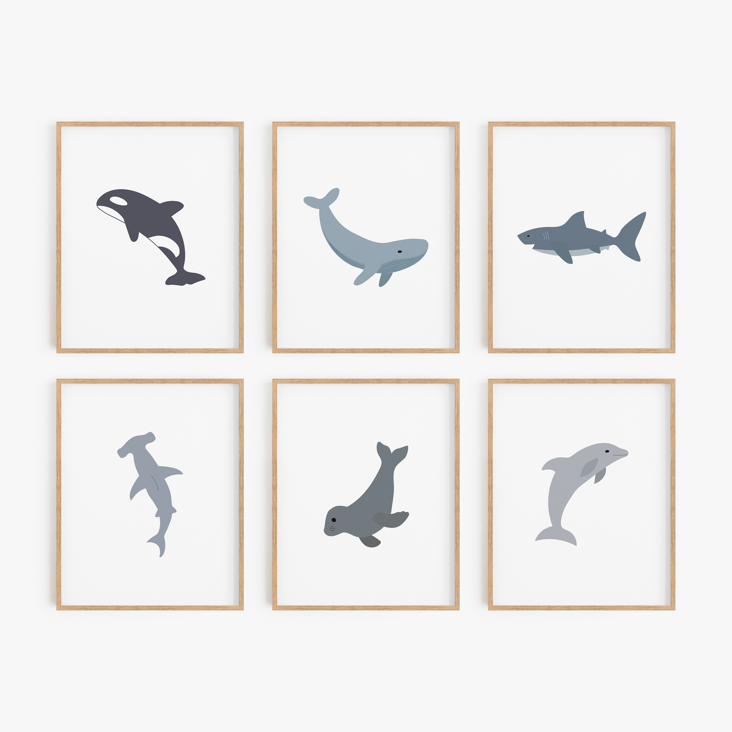Ocean animal wall art set of 6 in blue and gray colors