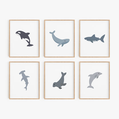 Ocean animal wall art set of 6 in blue and gray colors