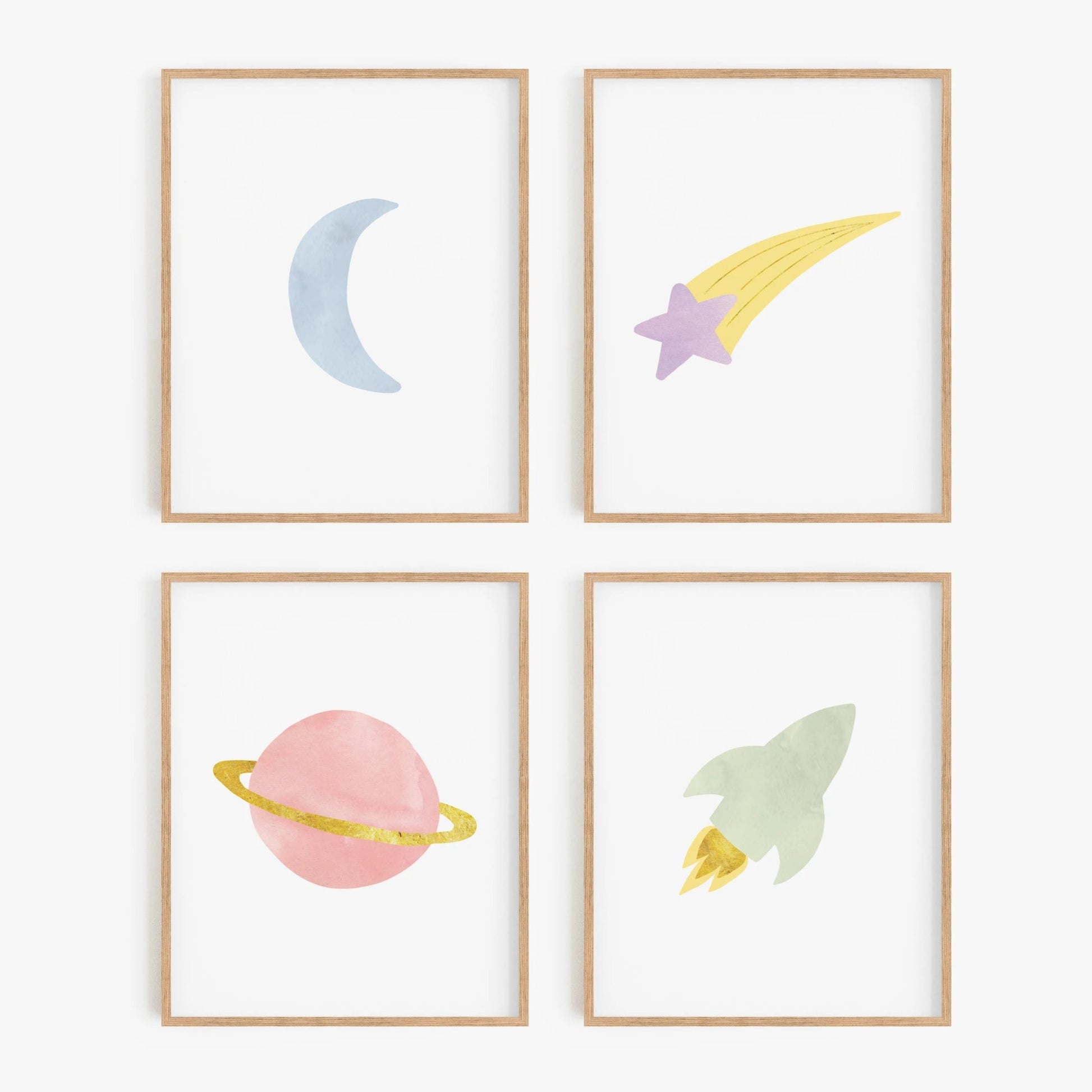 Outer space wall art set of 4 in pastel colors