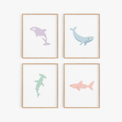 Pastel whale and shark nursery art