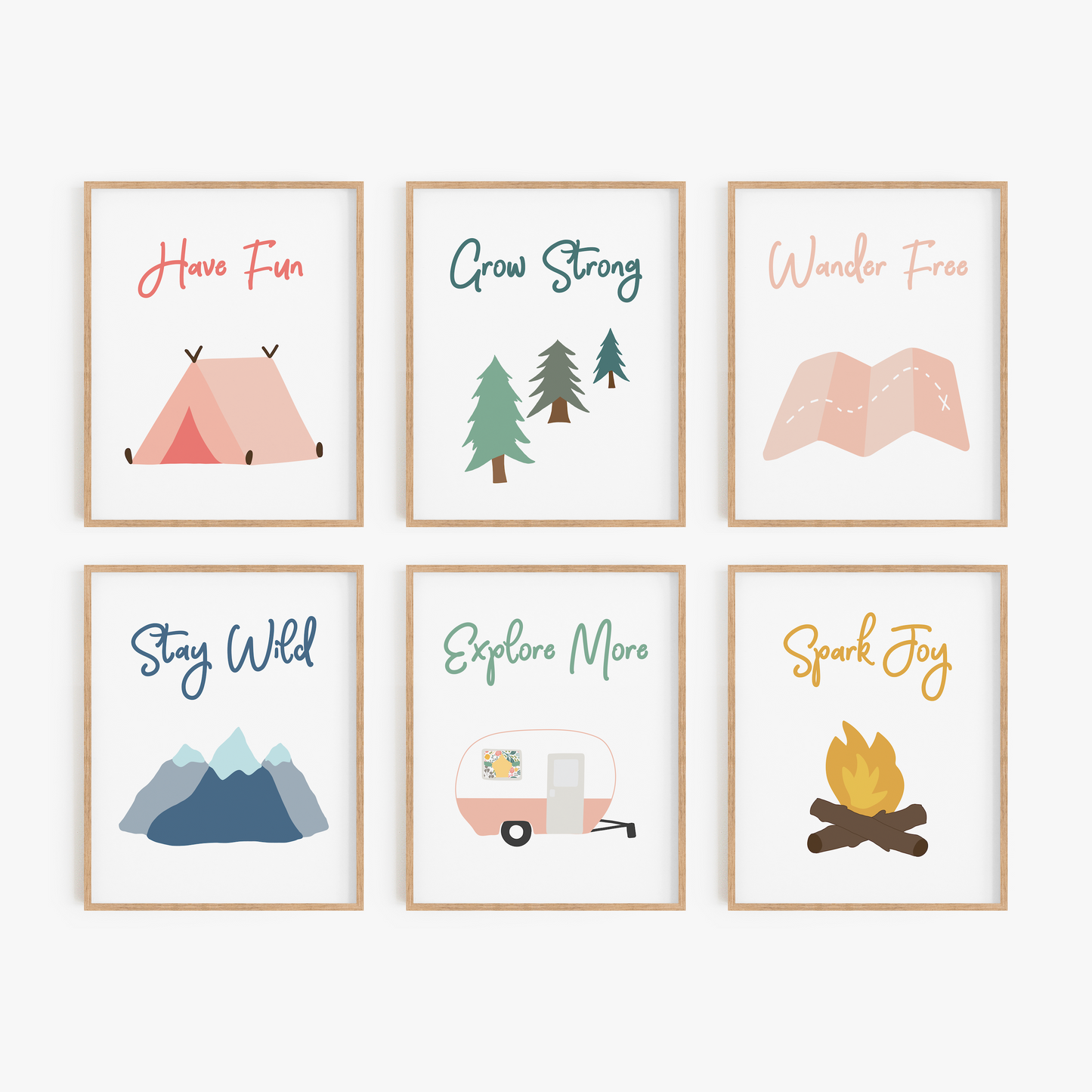 Pink camping wall art set of 6
