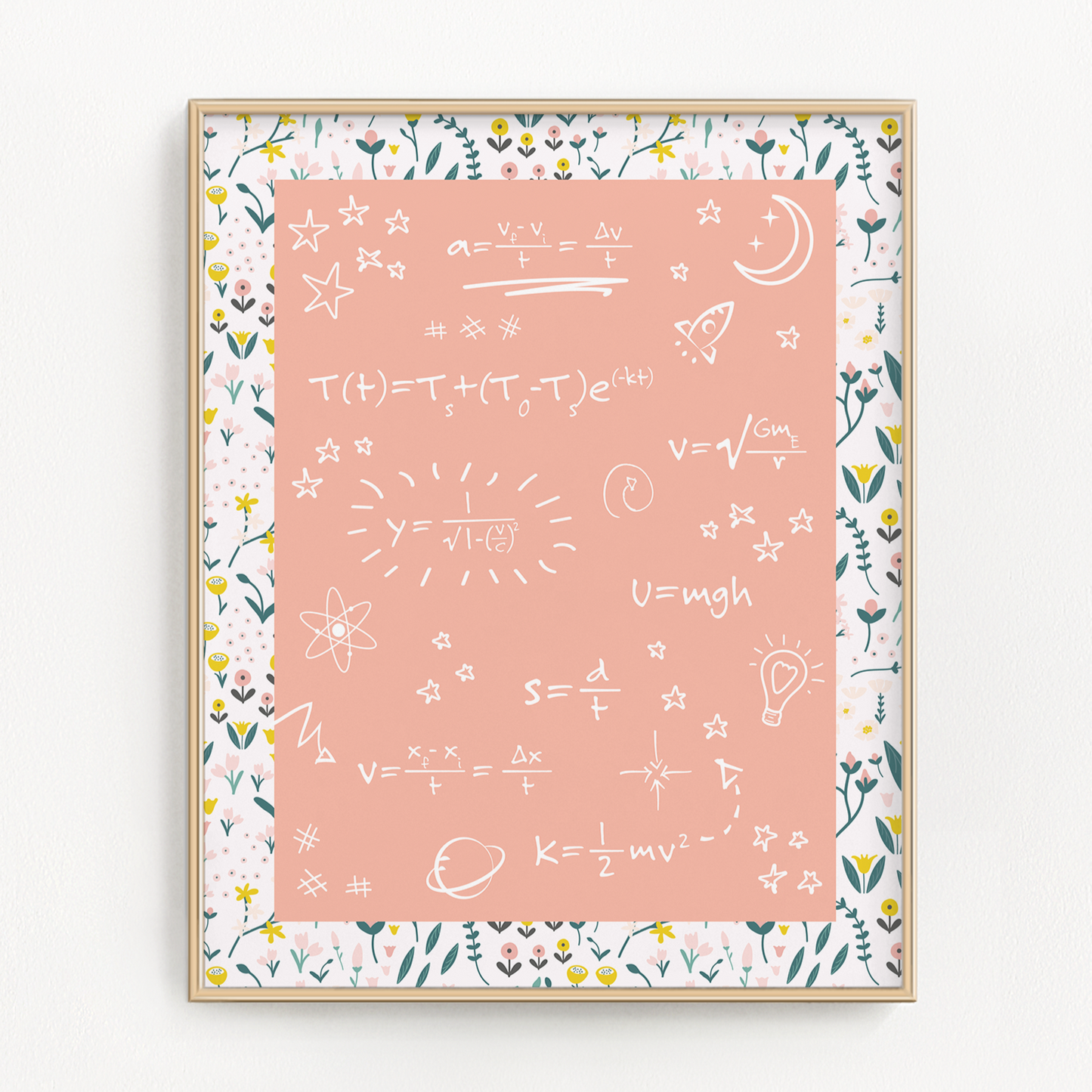 Pink wall art with math science and engineering formulas