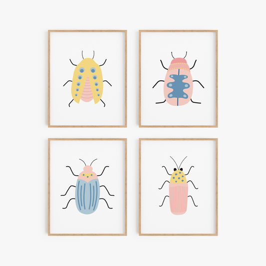 Pink yellow and blue beetles wall art for children