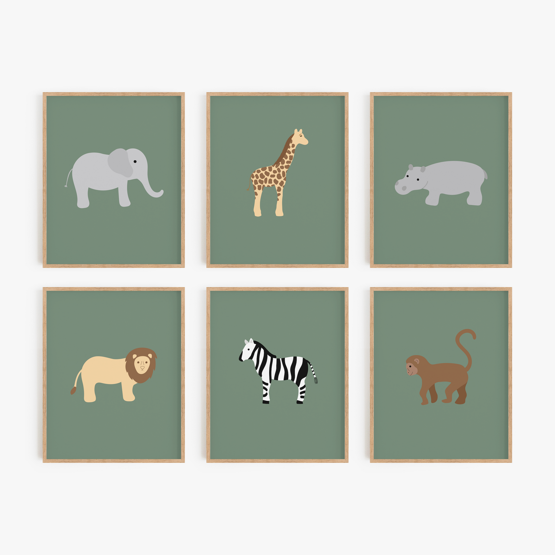 Safari animal art prints with green background