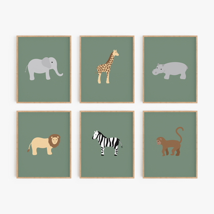 Safari animal art prints with green background