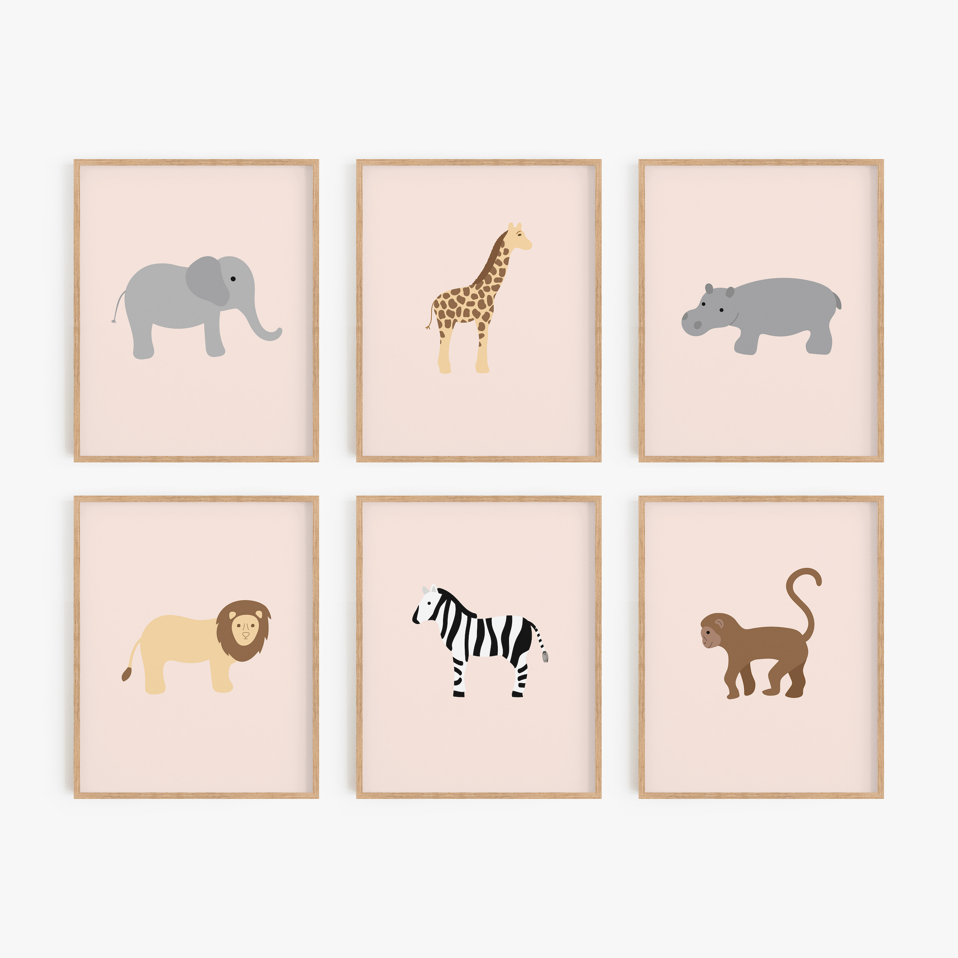 Safari theme girl nursery wall art set of 6