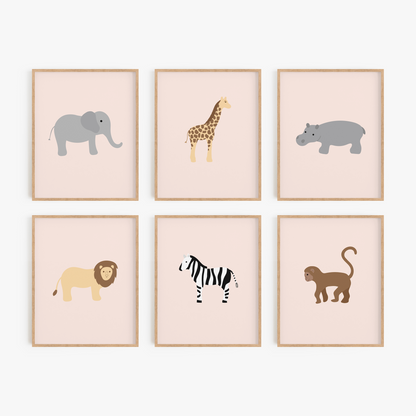 Safari theme girl nursery wall art set of 6