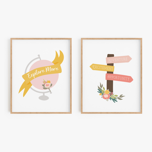 Floral Globe and Signpost Art Prints (Set of 2)