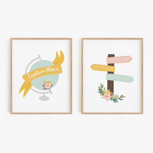 Floral Globe and Signpost Art Prints (Set of 2)