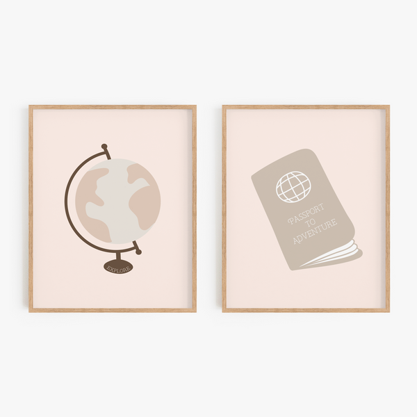 Blush Neutral Globe and Passport Art Prints (Set of 2)
