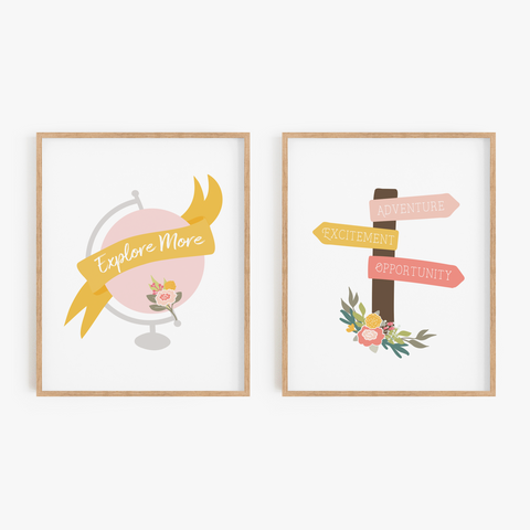 Floral Globe and Signpost Art Prints (Set of 2)