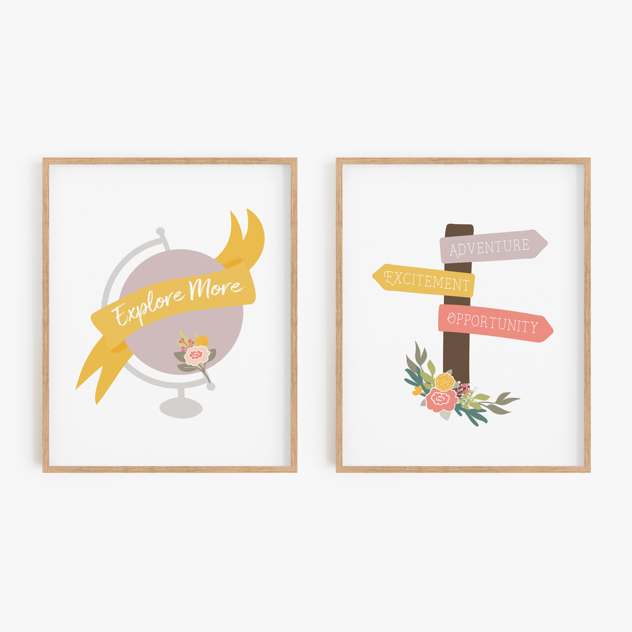 Floral Globe and Signpost Art Prints (Set of 2)