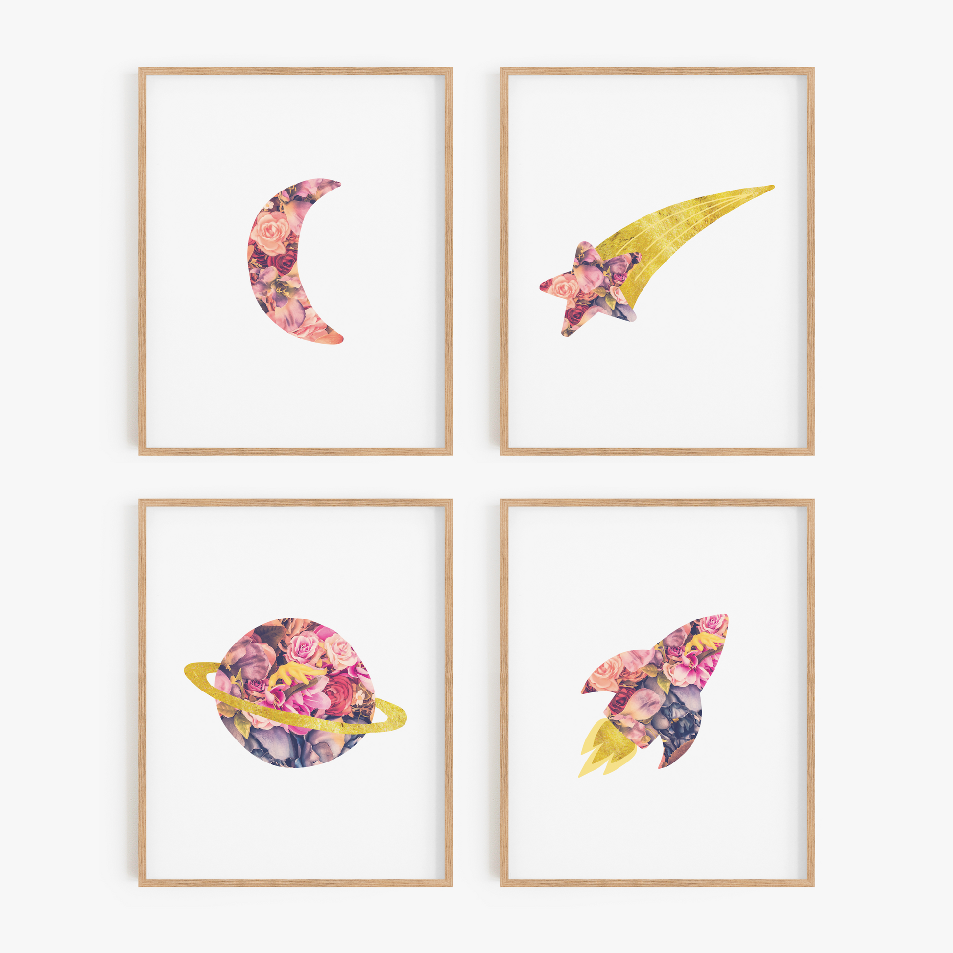 Space illustrations in floral and gold color scheme