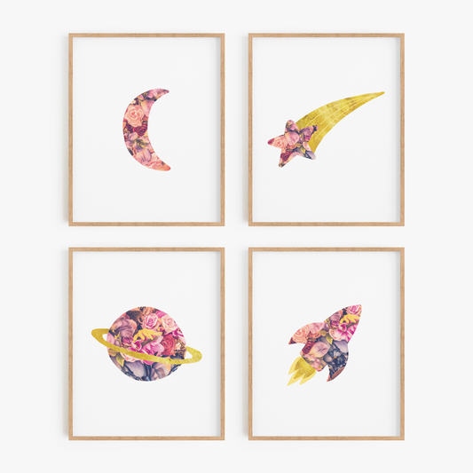 Space illustrations in floral and gold color scheme