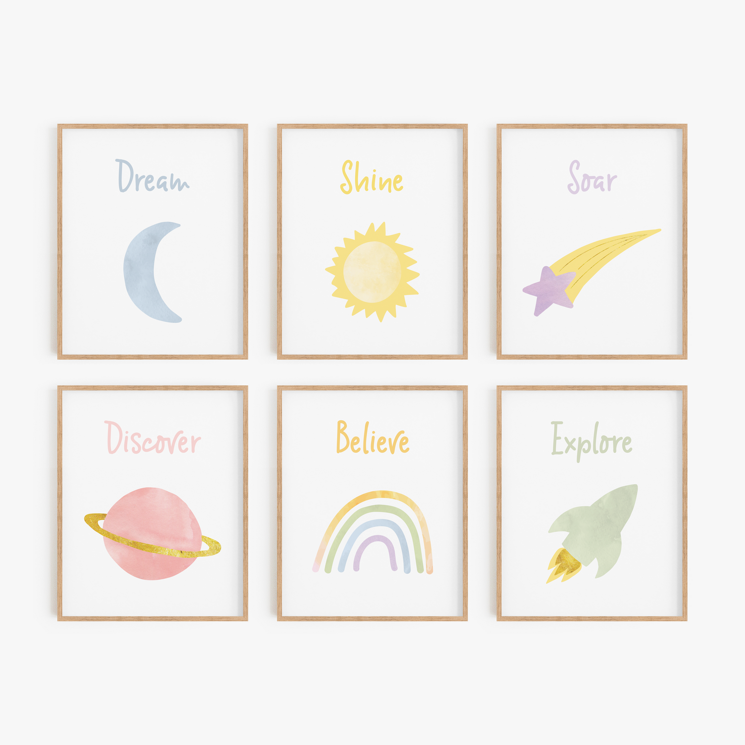 Space themed rainbow nursery art set of 6