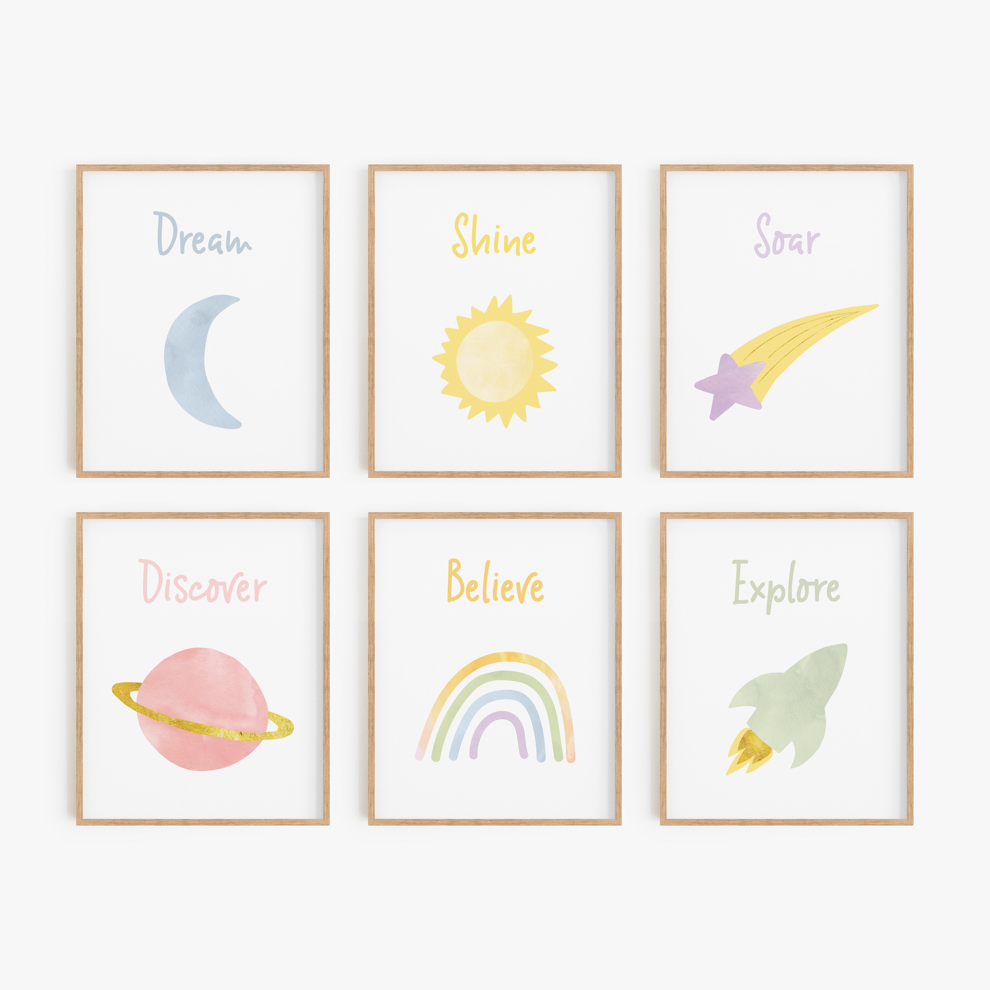Space themed rainbow nursery art set of 6