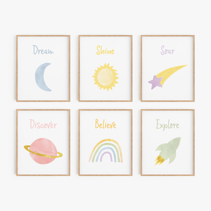 Space themed rainbow nursery art set of 6