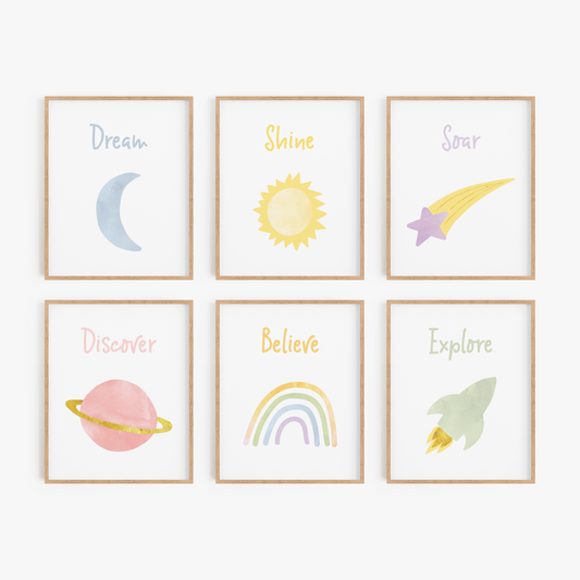 Space themed rainbow nursery art set of 6