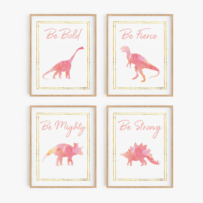 Watercolor pink dinosaur art prints