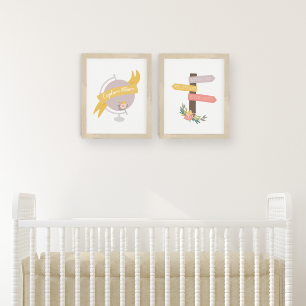 Floral Globe and Signpost Art Prints (Set of 2)